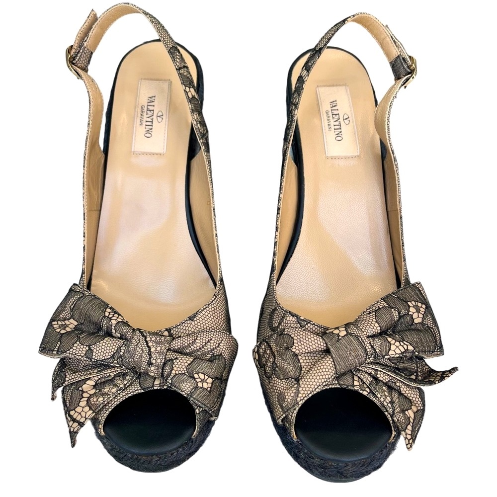 Valentino Black/Beige Lace Slingback Wedge With Bow Espadrille Sandals